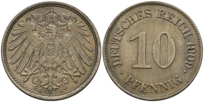 Германия 10 пфеннигов 1909 E KM 12, J. 13 медно-никель 3336-1122