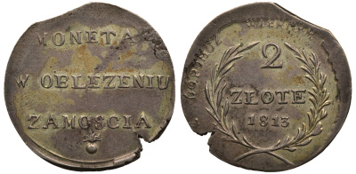 ПОЛЬША - ЗАМОСТЬЕ 2 ЗЛОТЫХ 1813 ПОЛЬСКОЕ ВОССТАНИЕ, ОСАДА РУССКИХ ВОЙСК Биткин 4 R2, Kopicki 8450 b R3 серебро 00-000-00