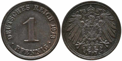 ГЕРМАНИЯ 1 ПФЕННИГ 1913 А KM 10, J. 10 медь 112-123