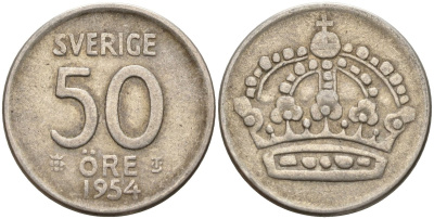 Швеция 50 эре 1954 TS, Густав VI Адольф (1950-1973) KM 825 серебро 4148-932