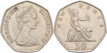 Великобритания 50 пенсов 1969 Елизавета II (1952-2022) KM 913, Spink 4223 (H1) медно-никель 4117-626