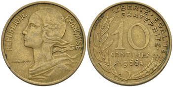ФРАНЦИЯ 10 САНТИМОВ 1966 ТИП MARIANNE KM 929, LE FRANC 144.6 медь алюминий никель 4567-763