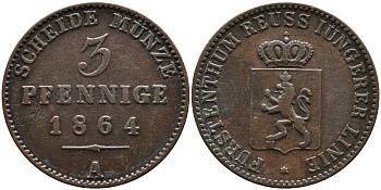 РЕЙС-ШЛЕЙЦ 3 ПФЕННИГА 1864 А, ГЕРЦОГ ГЕНРИХ LXVII (1854-1867) KM 70 медь 4529-712