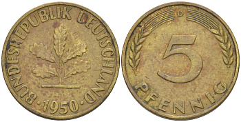ФРГ 5 пфеннигов 1950 D KM 107, J. 382 сталь плакированная латунью 55-1237