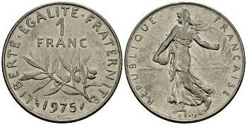 Франция 1 франк 1975 сеятель KM 925 никель 4135-844