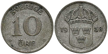 Швеция 10 эре 1938 G, Густав V (1907-1950) KM 780 серебро 201-1119