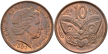 Новая Зеландия 10 центов 2007 маска Маори, Елизавета II (1952-) KM 117а сталь плакированная медью 4179-645