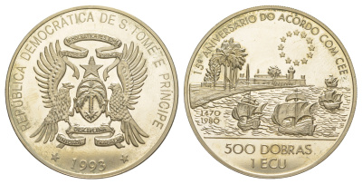 Сан-Томе и Принсипи 500 добр - 1 экю 1993 15 лет Договору о Европейском союзе KM 67 хромированная сталь BU 1521-1245