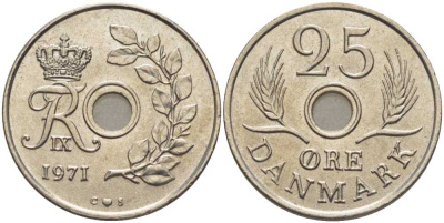 ДАНИЯ 25 ЭРЕ 1971 С;S, ФРЕДЕРИК IX (1947-1972) KM 855.1 медно-никель 202-741