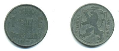 БЕЛЬГИЯ 1 ФРАНК 1943 BELGIQUE-BELGIE KM 127 цинк 25-417