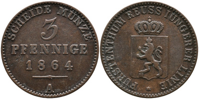 РЕЙС-ШЛЕЙЦ 3 ПФЕННИГА 1864 А, ГЕРЦОГ ГЕНРИХ LXVII (1854-1867) KM 70 медь 4529-712