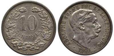 ЛЮКСЕМБУРГ 10 САНТИМОВ 1901 АДОЛЬФ (1890-1905) KM 25 медно-никель 4549-922