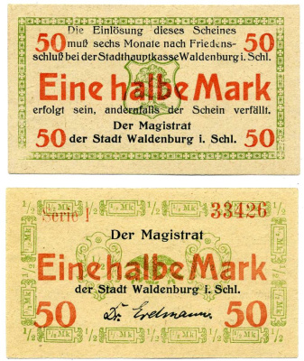 Вальденбург 50 пфеннигов 1918 6 месяцев после мира, нотгельд, земля Силезия, серия 1 Grabowski W3.7 бумага 2193-18-2-1