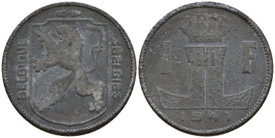 Бельгия 1 франк 1941 Belgique - Belgie KM 127 цинк 65-142