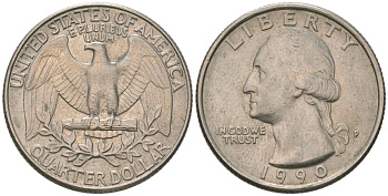 США 25 центов = квотер 1990 P, Вашингтон KM 164a медь плакированная медно-никелем 4592-114