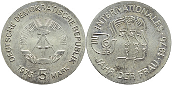 ГДР 5 МАРОК 1975 А, МЕЖДУНАРОДНЫЙ ГОД ЖЕНЩИН КМ 55 медно-никель UNC 4394-216
