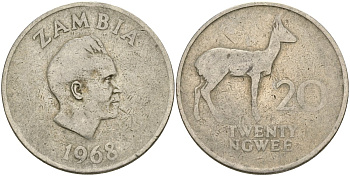 Замбия 20 нгве 1968 Кеннет Каунда, редунки KM 13 медно-никель 4162-423
