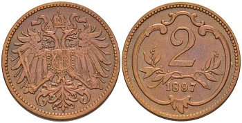 АВСТРИЯ 2 ГЕЛЛЕРА 1897 ФРАНЦ ИОСИФ (1846-1918) KM 2801 бронза 201-324