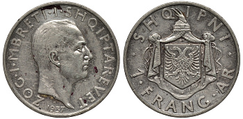 Албания 1 франга ари 1937 R, Ахмет Зогу I (1928-1939) KM 16 серебро 1526-1225