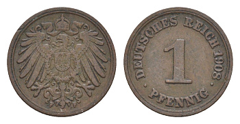 Германия 1 пфенниг 1908 F, Вильгельм II (1888-1918) KM 10, J. 10 медь 4639-1136