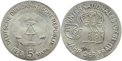 ГДР 5 МАРОК 1975 А, МЕЖДУНАРОДНЫЙ ГОД ЖЕНЩИН КМ 55 медно-никель UNC 4394-216