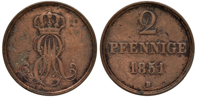 Ганновер 2 пфеннига 1851 B, Эрнст Август (1837-1851) KM 202.1, AKS 124, J. 75 медь 75-1951