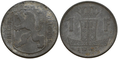 Бельгия 1 франк 1943 Belgie - Belgique KM 128 цинк 4187-947