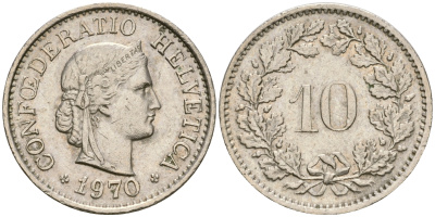 Швейцария 10 раппенов 1970 KM 27 медно-никель 4364-1334