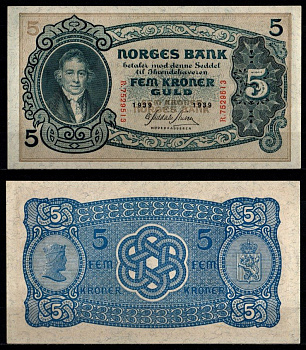 Норвегия 5 крон 1939 Вильгельм Фриман Корен Кристи (1-й председатель норвежского парламента) Pick 7 c бумага aUNC 451-1226-3