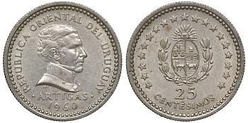 Уругвай 25 сентесимо 1960 KM 40 медно-никель 4169-1026