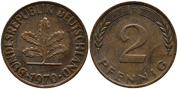 ФРГ 2 ПФЕННИГА 1970 D KM 106а, J.381а сталь плакированная сталь плакированная медьюю 33-233