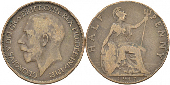 Великобритания 1/2 пенни 1917 Георг V (1910-1936) KM 809, Spink 4056 бронза 212-1211