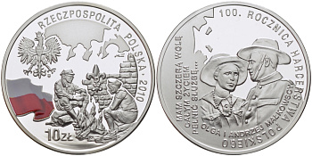 Польша 10 злотых 2010 MW, 100 лет союзу польских харцеров, скаутскому движению в Польше, Ольга и Анджей Малковичи, цветная эмаль, польский флаг KM 726 серебро PROOF 1069-3-52