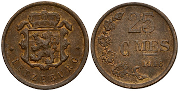 Люксембург 25 сантимов 1946 Шарлотта (1918-1964) KM 45 бронза 4532-266