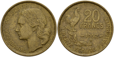 Франция 20 франков 1952 B, Петух KM 917.1 алюминиевая бронза 4159-937