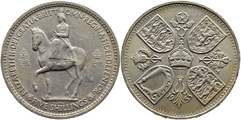 Великобритания 1 крона (5 шиллингов) 1953 коронация королевы Елизаветы, Елизавета II (1952-2022) Елизаветы KM 894, Spink 4136 медно-никель UNC 73-922