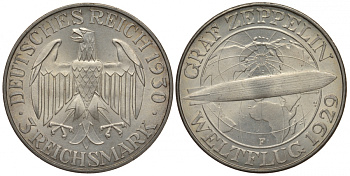 Германия 3 марки 1930 F, полет дирижабля граф Цеппелин J. 342, KM 67 серебро UNC 00-814-58