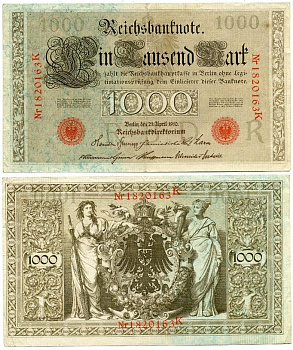 ГЕРМАНИЯ 1000 МАРОК 1910 КРАСНАЯ ПЕЧАТЬ, 7 ЦИФР В НОМЕРЕ Pick 44b бумага 3295-121-1-1