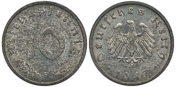 Германия 10 рейхспфеннигов 1947 F, оккупация Германии союзными войсками J. 375, KM A104 цинк UNC 4127-1223