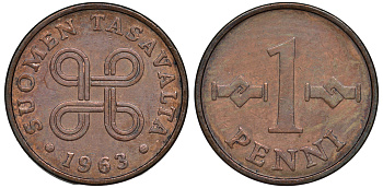 ФИНЛЯНДИЯ 1 ПЕННИ 1963 KM 69 медь 3334-1025