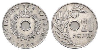 Греция 20 лепт 1966 Павел I (1947-1964), оливковая ветвь KM 79 алюминий 4670-114