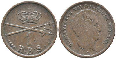 Дания 1 риксбанкскиллинг 1842 FF, Кристиан VIII (1839-1848) KM 726.1 (С120.1) медь 34-541