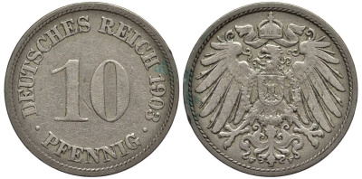 Германия 10 пфеннигов 1903 F KM 12, Jager 13, Weege 8 медно-никель 219-357