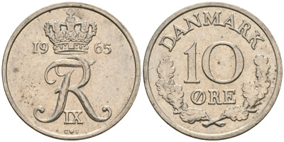 Дания 10 эре 1965 C;S, Фредерик IX (1947-1972) КМ 849.1 медно-никель 08-1437