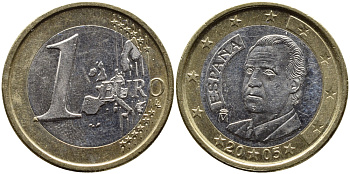 ИСПАНИЯ 1 ЕВРО 2005 ХУАН КАРЛОС I KM 1046 биметалл 4391-233