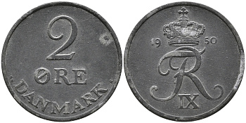 ДАНИЯ 2 ЭРЕ 1950 N; S, ФРЕДЕРИК IX (1947-1972) KM 840.1 цинк 28-1032