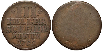 Гессен-Кассель 3 геллера 1755 Вильгельм VIII (1751-1760), вес 5,68 гр. KM 456 медь 3856-124