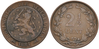 Нидерланды 2 1/2 цента 1881 Виллем III (1849-1890) KM 108 бронза 4575-917