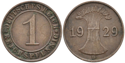 Германия 1 рейхспфенниг 1929 D, Веймарская республика KM 37 бронза 4387-556