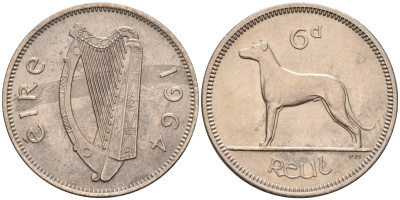Ирландия 6 пенсов 1964 собака, ирландский волкодав KM 13а медно-никель аUNC 4582-237